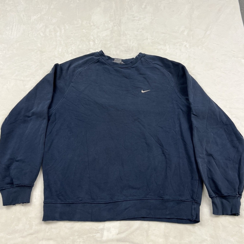 Nike Sweatshirt Mens L Navy Blue Embroidered Swoosh Raglan Fleece Pullover